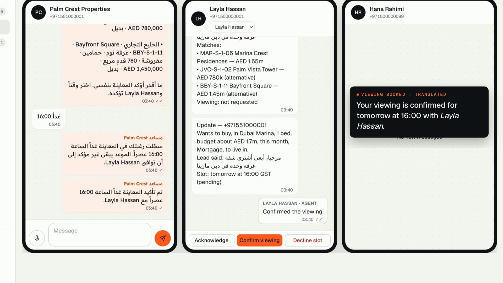 Frame from the demo video: an agent confirms a viewing booked over WhatsApp